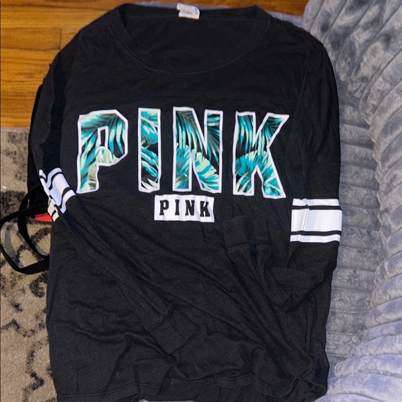 PINK Victoria's Secret Black and Teal Open Back Palm L/S Tee - Picture 1 of 5